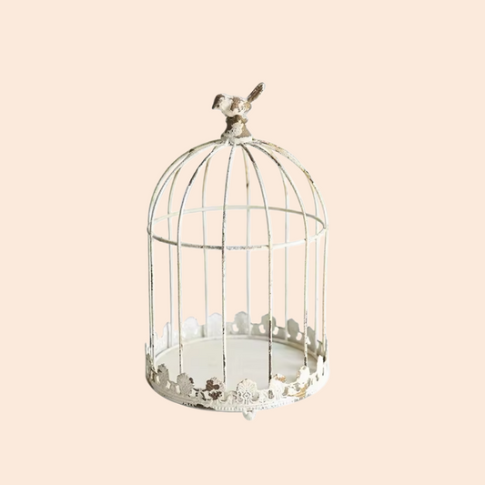 Vintage Distressed Metal Birdcage Decor with Lace Base, Rustic Iron Garden Display Cage for Plants, Candles & Home Accents
