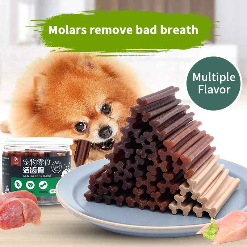 Snacks, snacks, dogs, snacks, teeth bars, chewing gum, cleaning teeth.