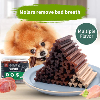 Snacks, snacks, dogs, snacks, teeth bars, chewing gum, cleaning teeth.