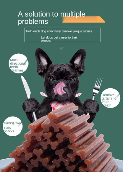 Snacks, snacks, dogs, snacks, teeth bars, chewing gum, cleaning teeth.