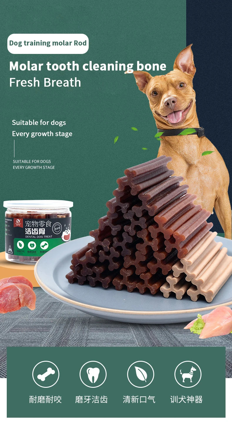 Snacks, snacks, dogs, snacks, teeth bars, chewing gum, cleaning teeth.