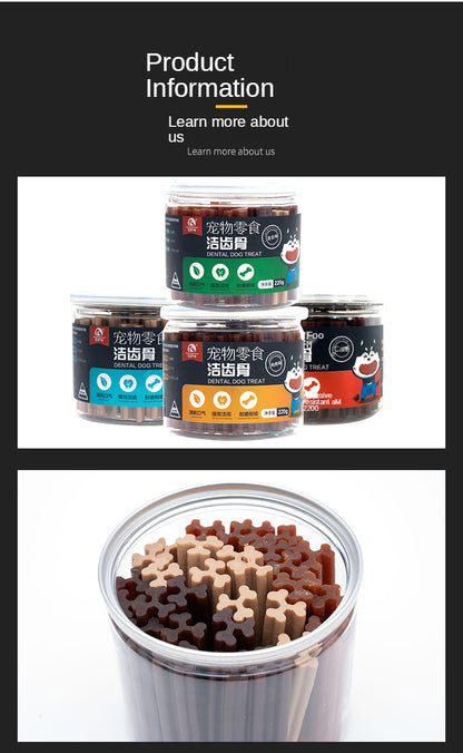 Snacks, snacks, dogs, snacks, teeth bars, chewing gum, cleaning teeth.