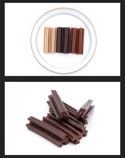Snacks, snacks, dogs, snacks, teeth bars, chewing gum, cleaning teeth.