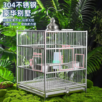 Large Square Stainless Steel Bird Cage for Myna Starling Parrot Villa Metal Cage