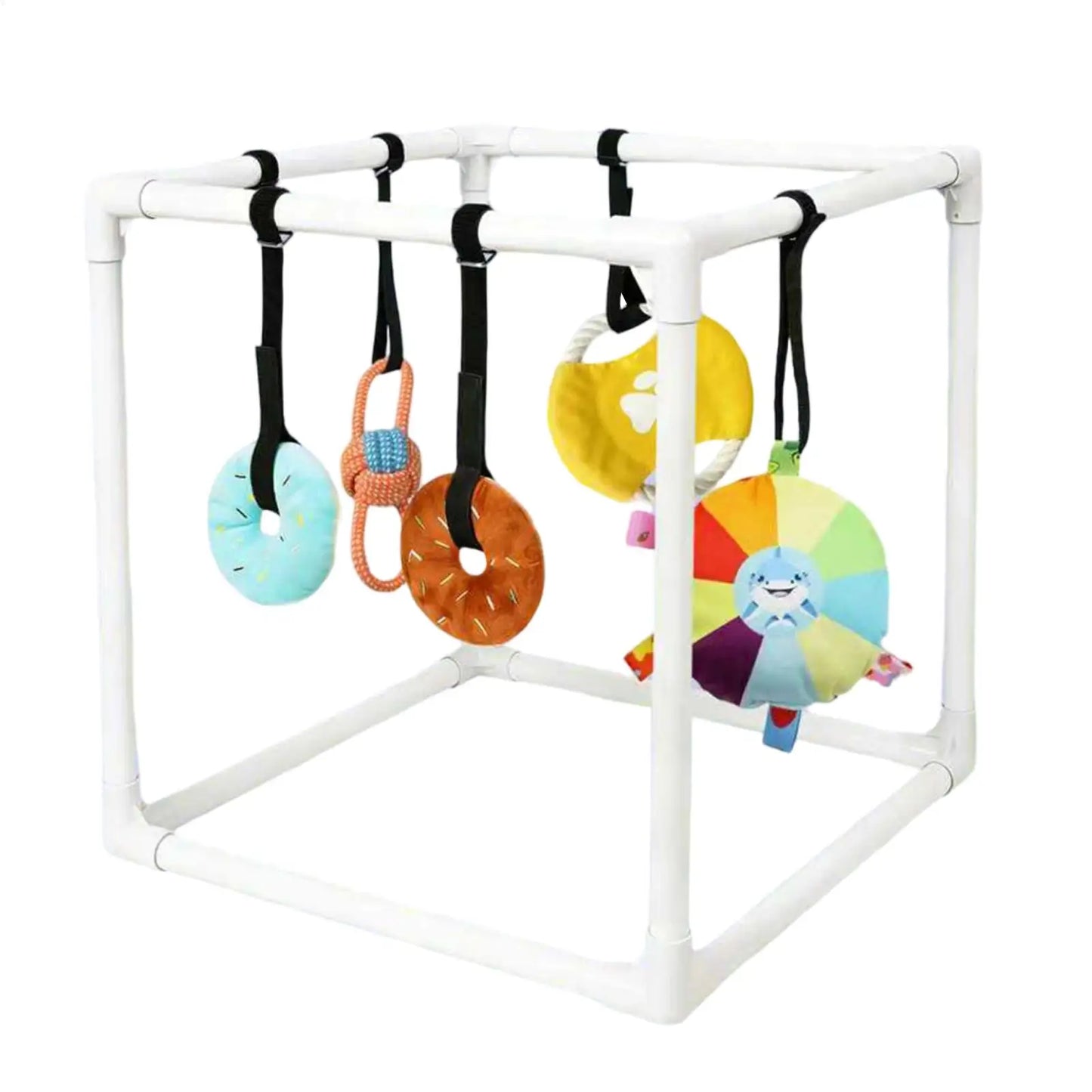Puppy Gym Assembly Frame Training Tool with 5 Toys Dog Playground Equipment for Training Teething Calming Indoor Floor Play