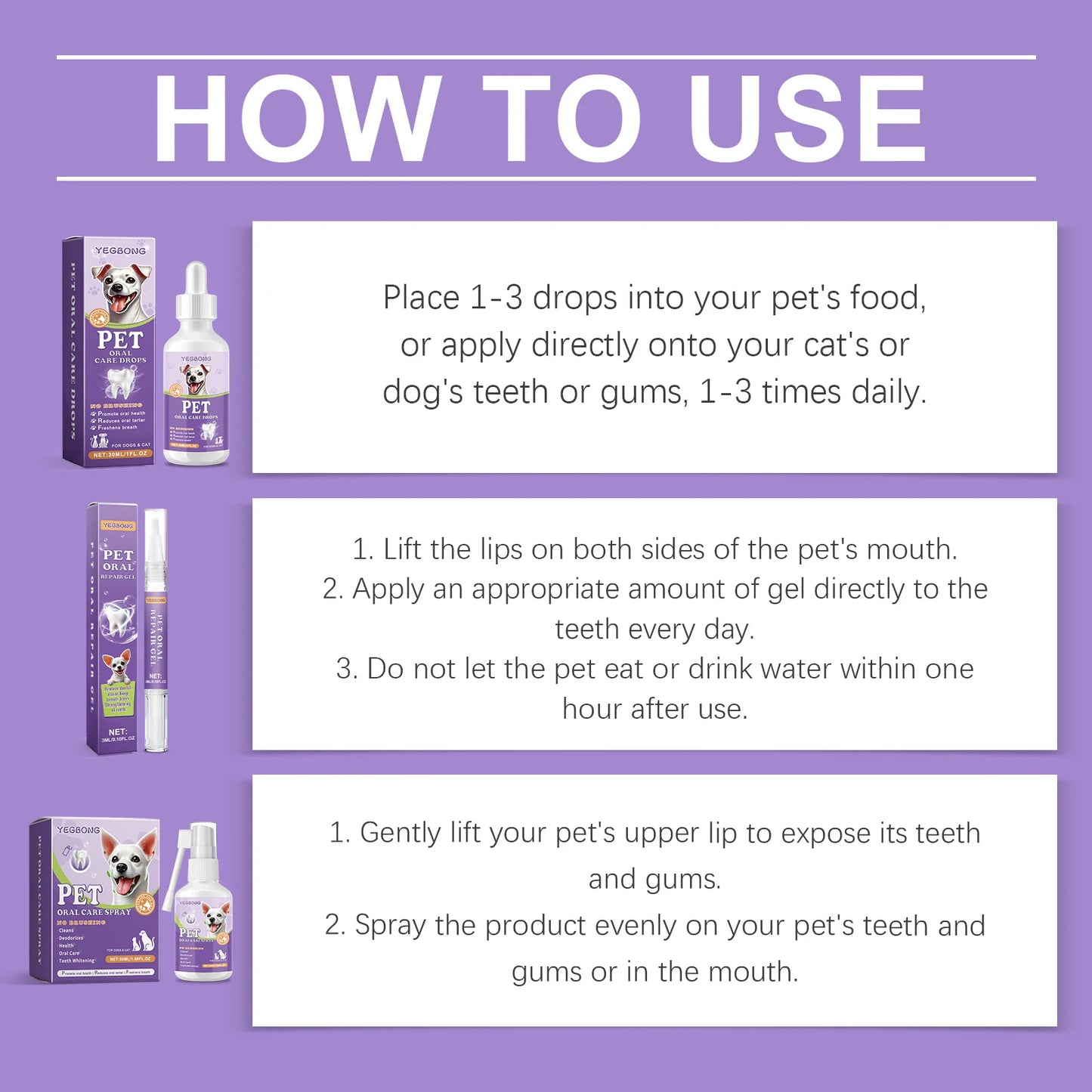 YEGBONG Pet Oral Care Drops Dog Cat Fresh Breath Tartar Remover Mild Formula Food Supplement Easy Use Home Pet Oral Hygiene
