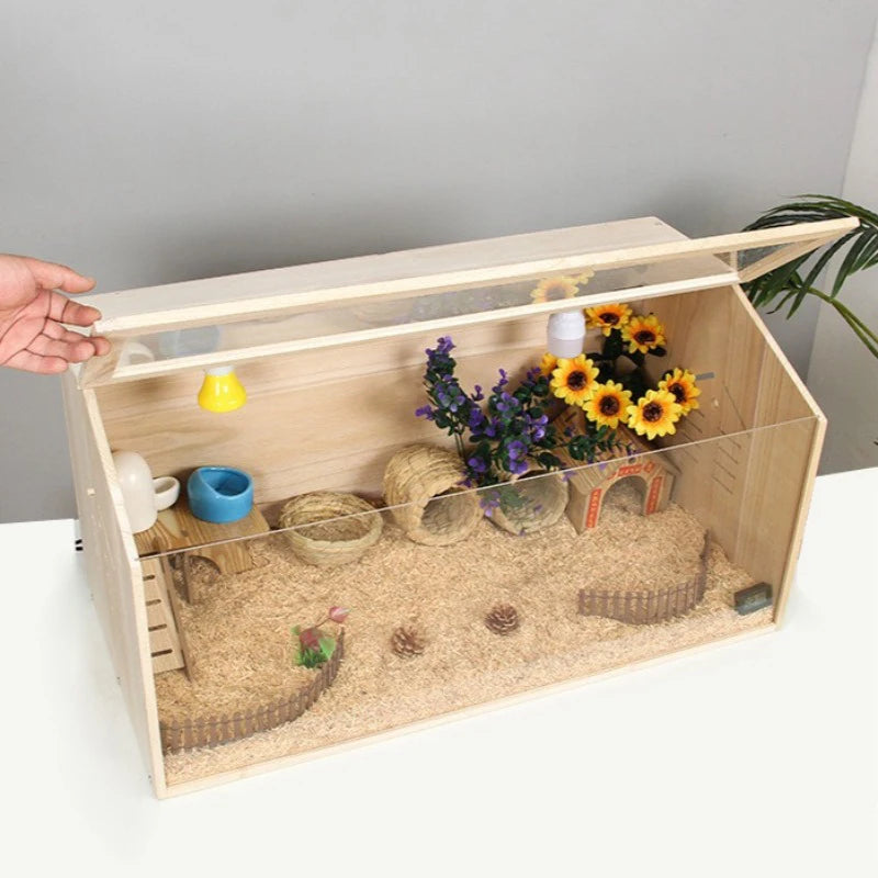Solid Wood Quail Cage with Light Hamster Hedgehog Little Rabbit Cages Ventilate Large Space Coop Indoor Small Animals Houses