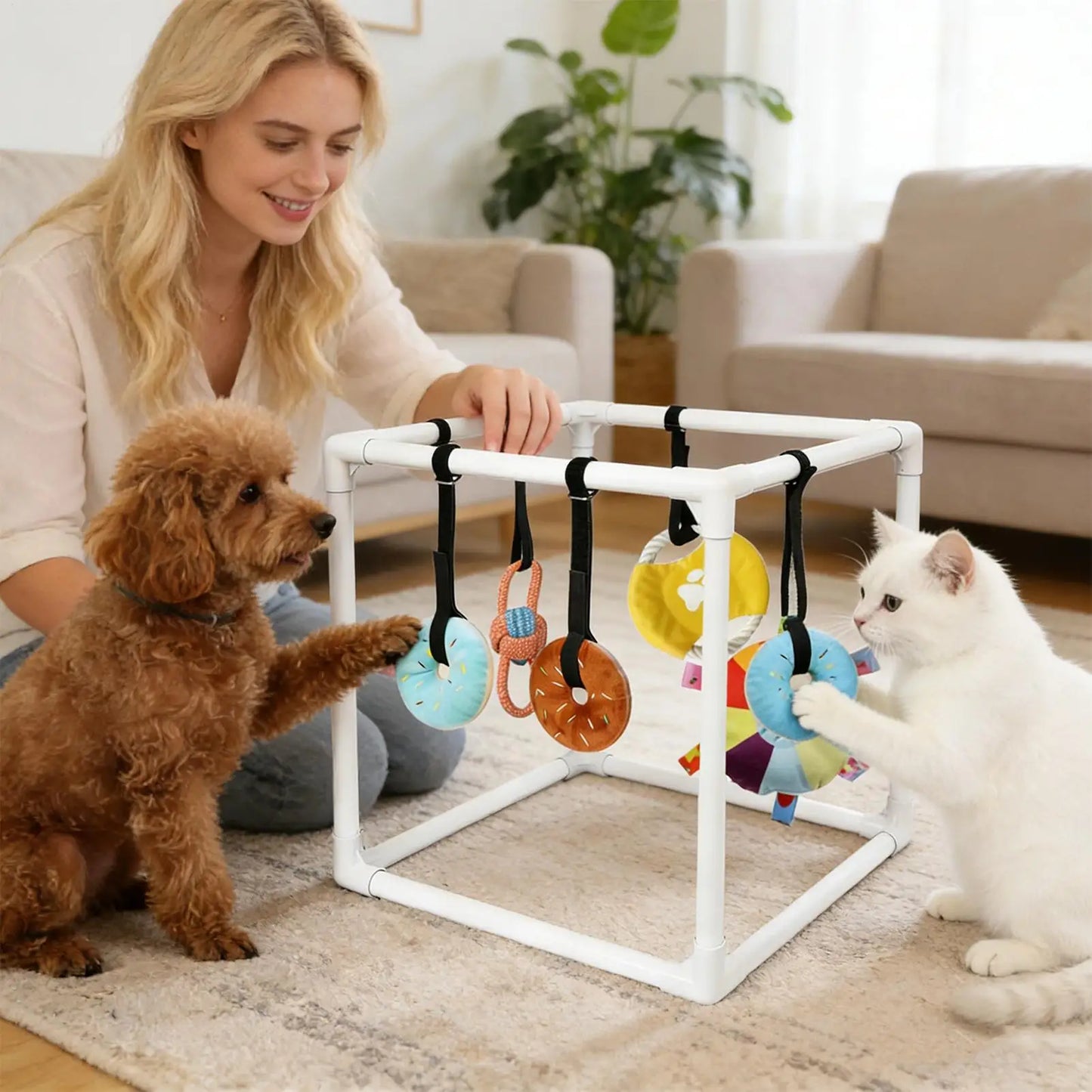 Puppy Gym Assembly Frame Training Tool with 5 Toys Dog Playground Equipment for Training Teething Calming Indoor Floor Play