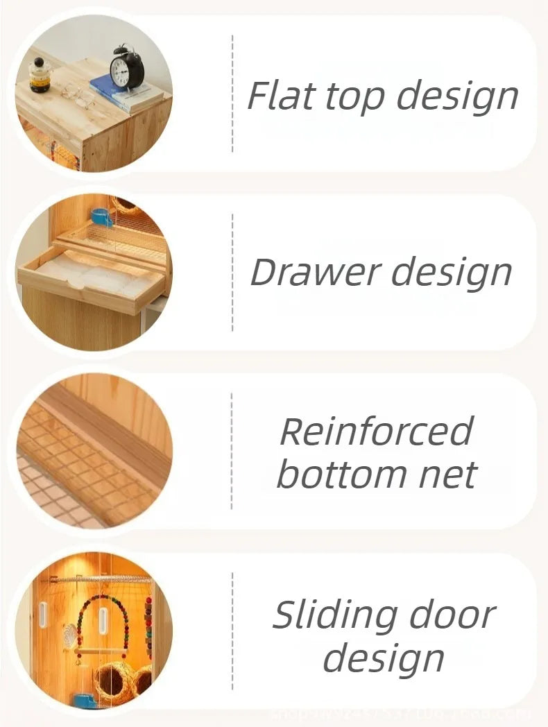 Wooden Bird Cage with Drawers Breathable Young Birds Nest with Base Net Parrot Quail Breeding Box Bird Interior Aviary House