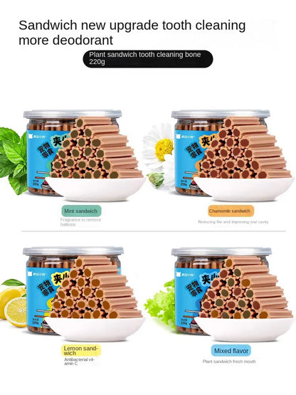 Snacks, snacks, dogs, snacks, teeth bars, chewing gum, cleaning teeth.