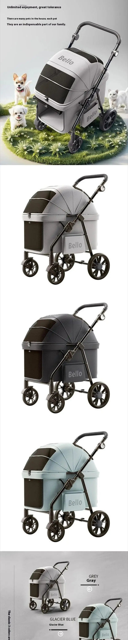 Bello YA03 Extra Large Space Pet Stroller Foldable Dog Cat Carrier Heavy Duty 60lbs Family Outdoor Travel Push Cart