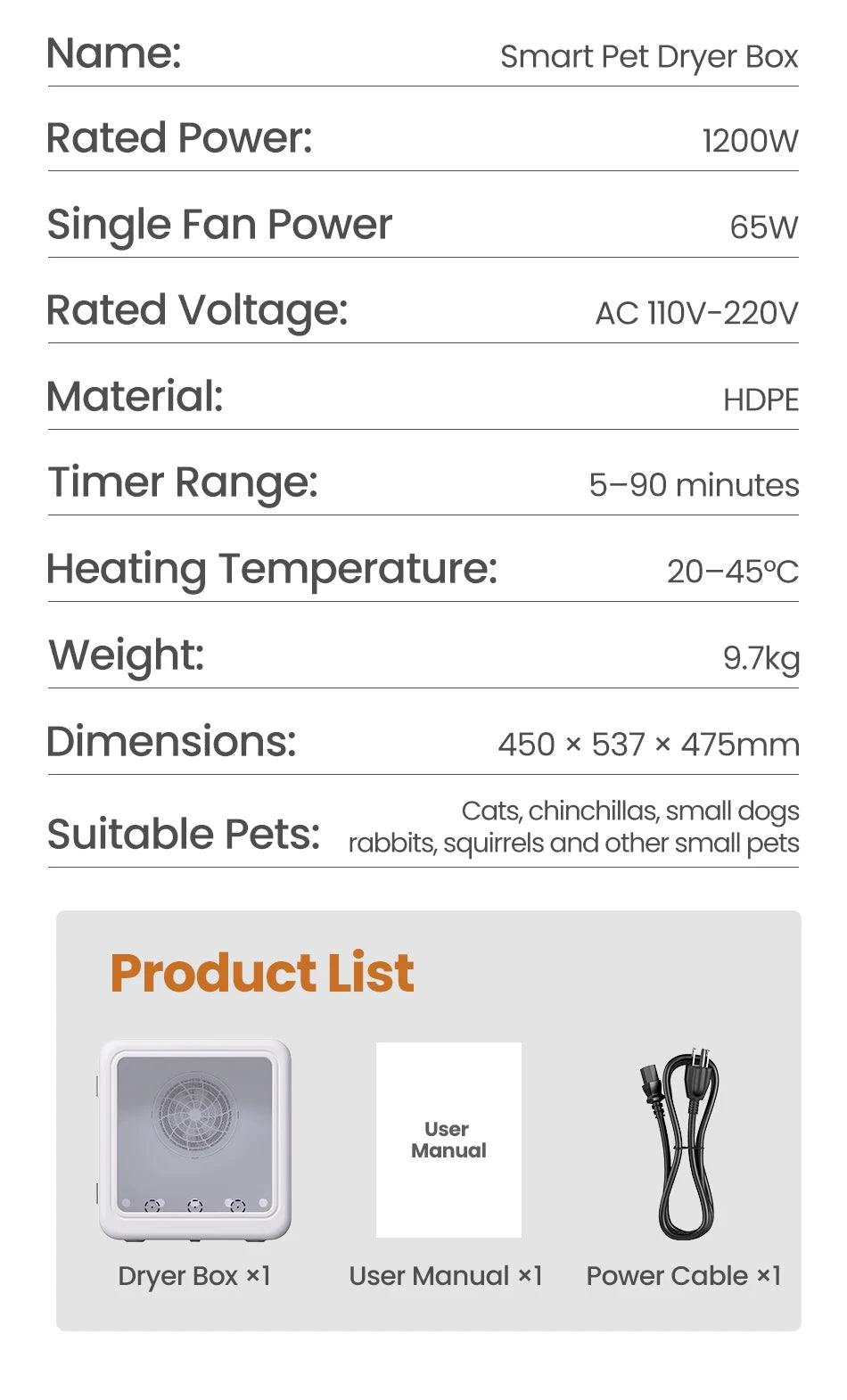 ROJECO 70L Smart Pet Dryer Box Automatic Temperature Control 360° Drying Ultra Quiet Pet Hair Grooming For Dog Cat Dryer 4 Speed
