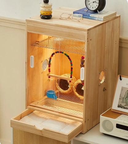 Wooden Bird Cage with Drawers Breathable Young Birds Nest with Base Net Parrot Quail Breeding Box Bird Interior Aviary House