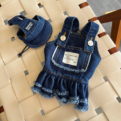 Summer Dog Clothes Denim Jeans with Hat Dog Dress INS Style Small Girl Dog Clothing Couple Pet Outfit Puppy Costume Overalls