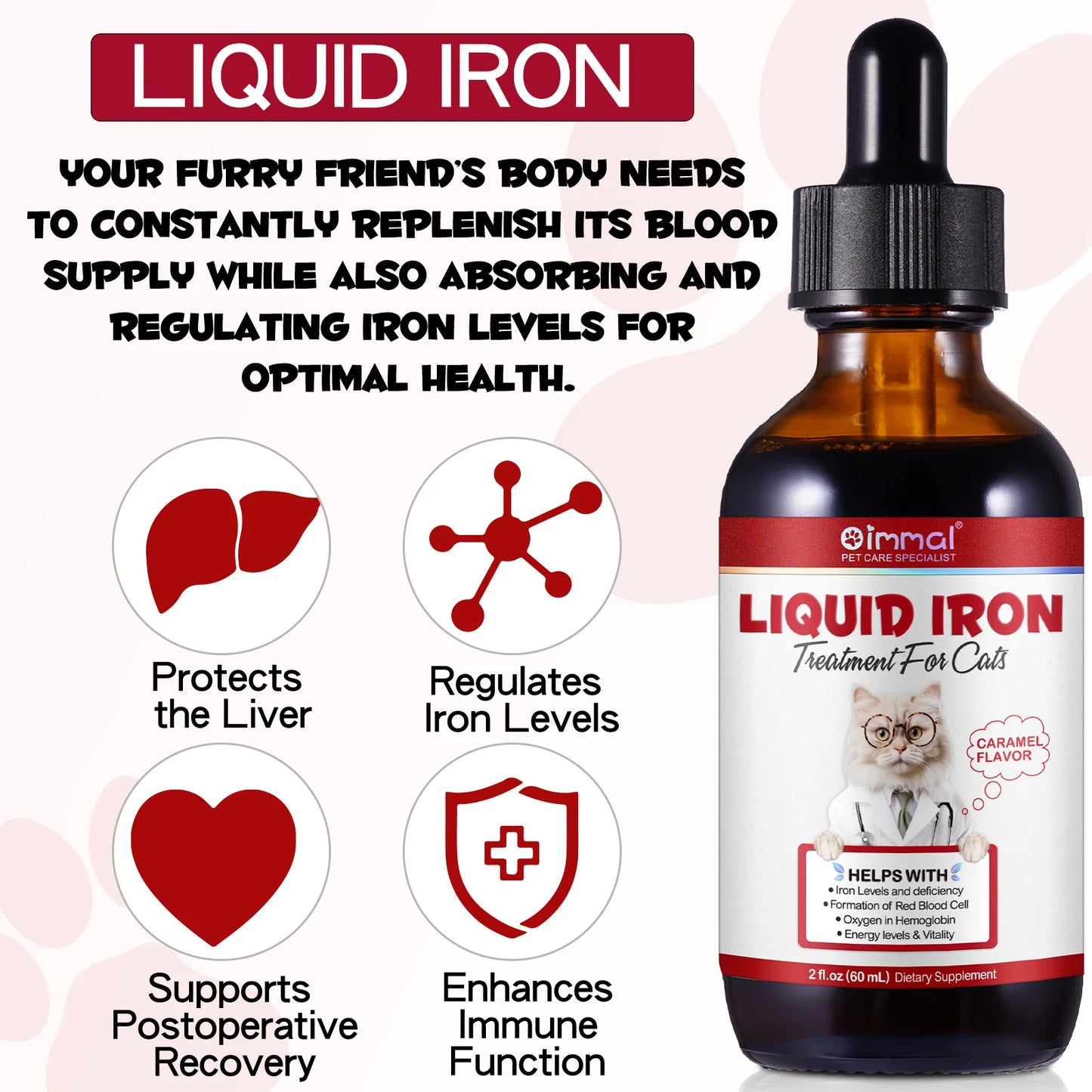 Liquid Iron Caramel Flavor Treatment for Cats Helps with Iron Levels Deficiency Formation of Red Blood Cell Oxygen in Hemoglobin