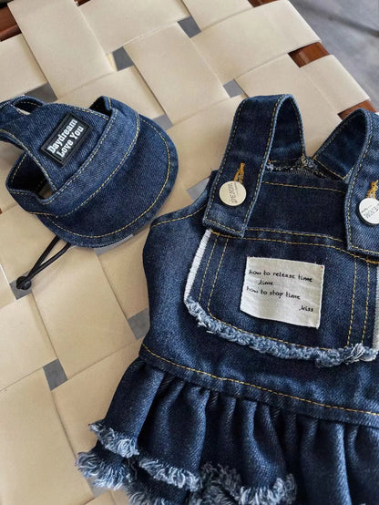 Summer Dog Clothes Denim Jeans with Hat Dog Dress INS Style Small Girl Dog Clothing Couple Pet Outfit Puppy Costume Overalls