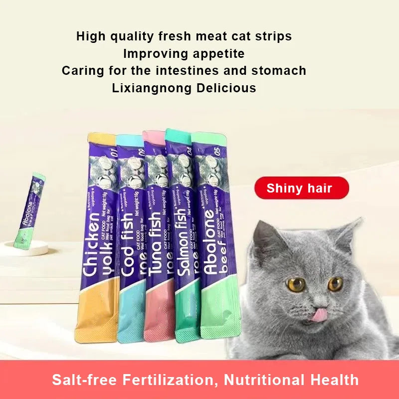 High quality  Mixed Flavor 30 Strips Cat Strips Young Cat Wet Food Pack Nutrition Abalone Tuna Chicken Formula Cat Liquid Snacks