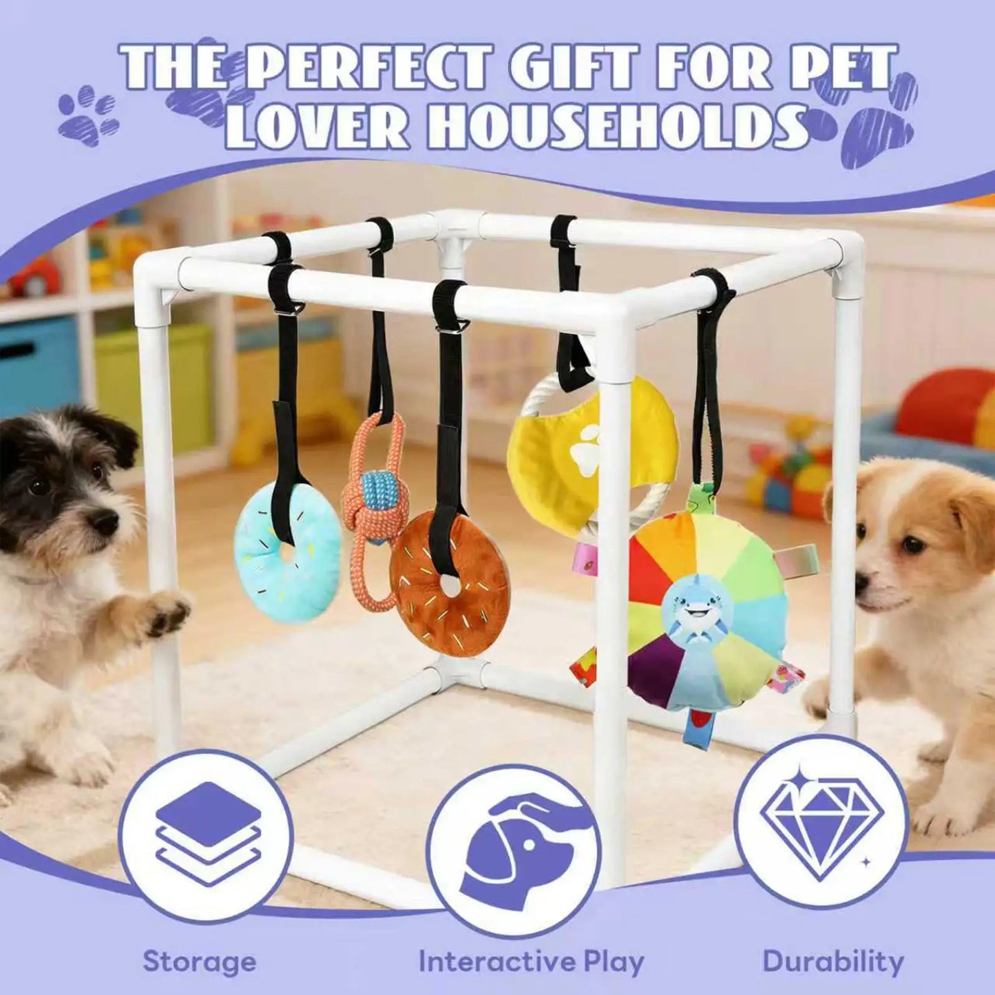 Puppy Gym Assembly Frame Training Tool with 5 Toys Dog Playground Equipment for Training Teething Calming Indoor Floor Play