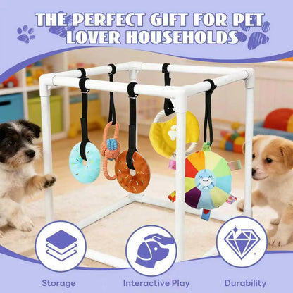 Puppy Gym Assembly Frame Training Tool with 5 Toys Dog Playground Equipment for Training Teething Calming Indoor Floor Play