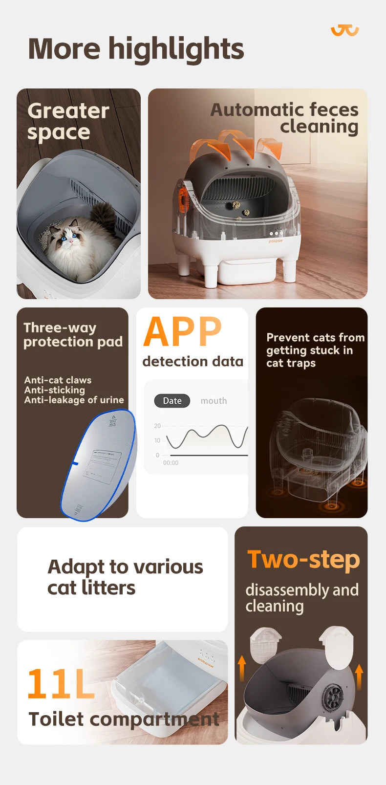 Pokpaw CL16 Smart Cat Litter Box with App Control 76L Self-cleaning Automatic Semi Enclosed Cat Litter Box Cat Toilet Supplies
