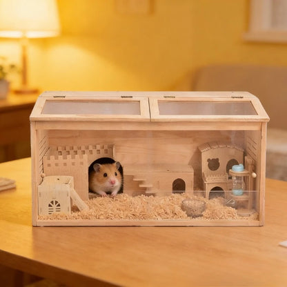 Panoramic Wooden Quail Cage Large Habitat House for Indoor Rearing Heat Preservation Breeding Box Suitable for Hamsters