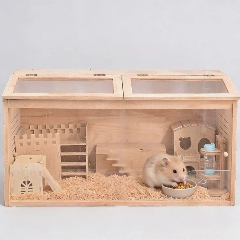 Panoramic Wooden Quail Cage Large Habitat House for Indoor Rearing Heat Preservation Breeding Box Suitable for Hamsters
