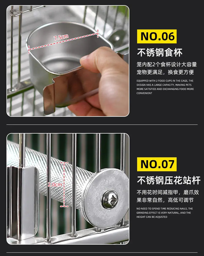Large Square Stainless Steel Bird Cage for Myna Starling Parrot Villa Metal Cage