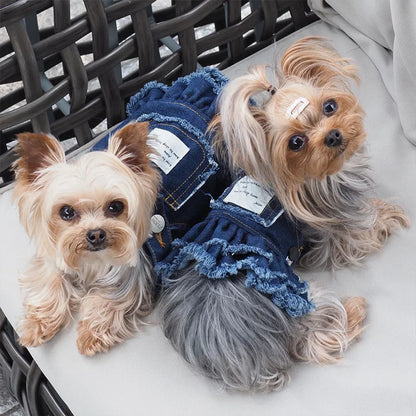 Summer Dog Clothes Denim Jeans with Hat Dog Dress INS Style Small Girl Dog Clothing Couple Pet Outfit Puppy Costume Overalls