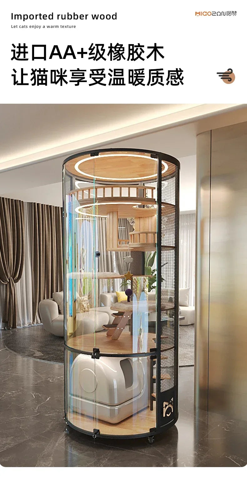 Cat Villa Deluxe 360 Panoramic Cat Cage House Solid Wood Steel Glass Smart Cat Toilet
