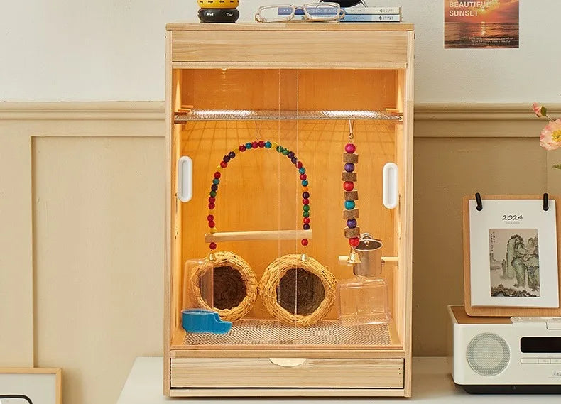 Wooden Bird Cage with Drawers Breathable Young Birds Nest with Base Net Parrot Quail Breeding Box Bird Interior Aviary House