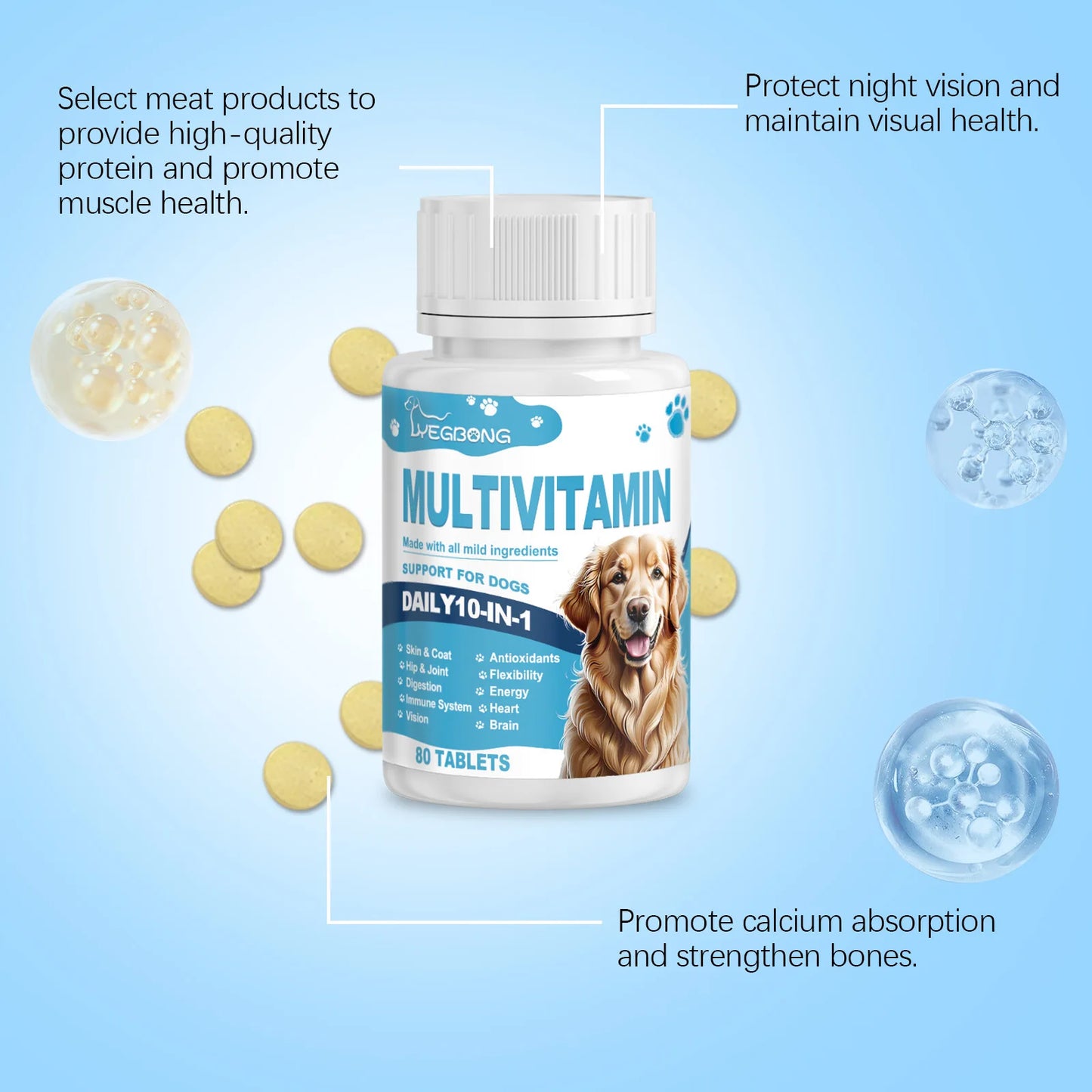 Multivitamin Supplement Tablets for Dogs and Cats, Meat Essence Formula, Vision Support, Strong Bones, Energy Metabolism Boost