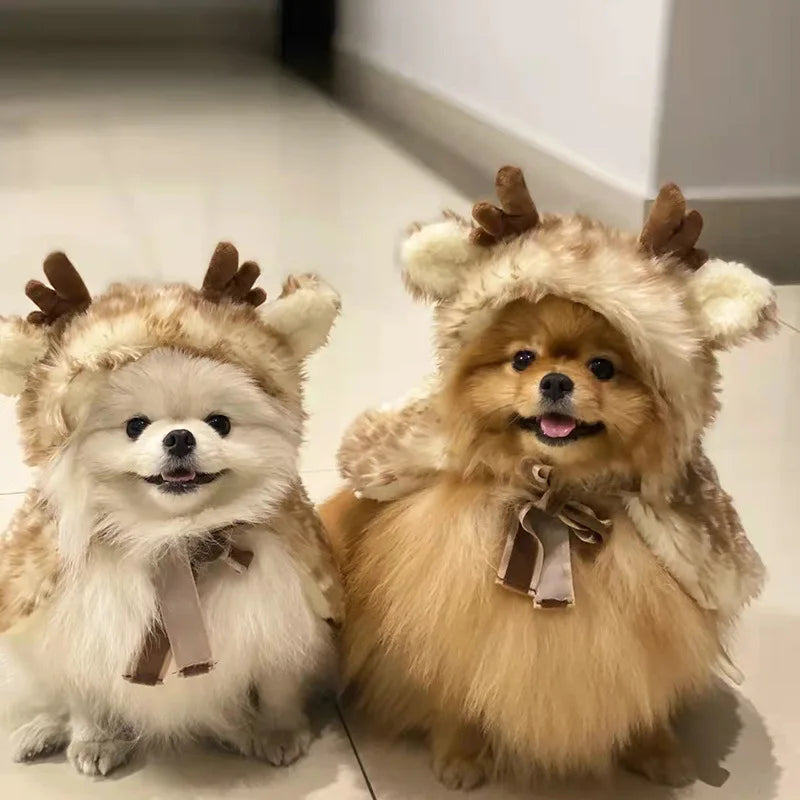 Christmas Pet Costume Dog Cat Clothes Reindeer Cape Hooded Outfit Warm Soft Festive Holiday Party Dress Up Accessories Small Pet