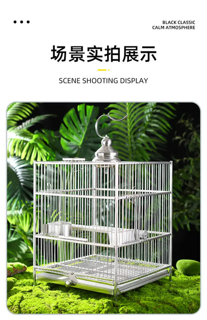 Large Square Stainless Steel Bird Cage for Myna Starling Parrot Villa Metal Cage