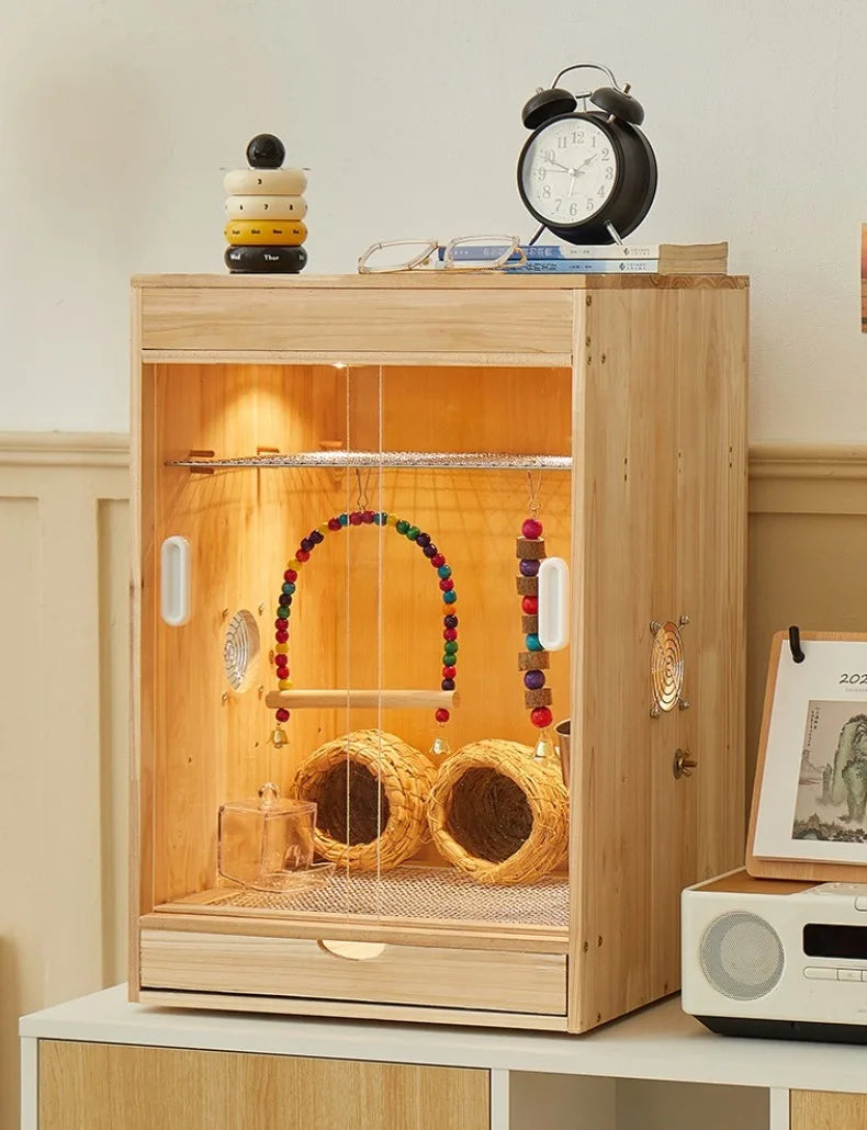Wooden Bird Cage with Drawers Breathable Young Birds Nest with Base Net Parrot Quail Breeding Box Bird Interior Aviary House