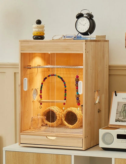 Wooden Bird Cage with Drawers Breathable Young Birds Nest with Base Net Parrot Quail Breeding Box Bird Interior Aviary House