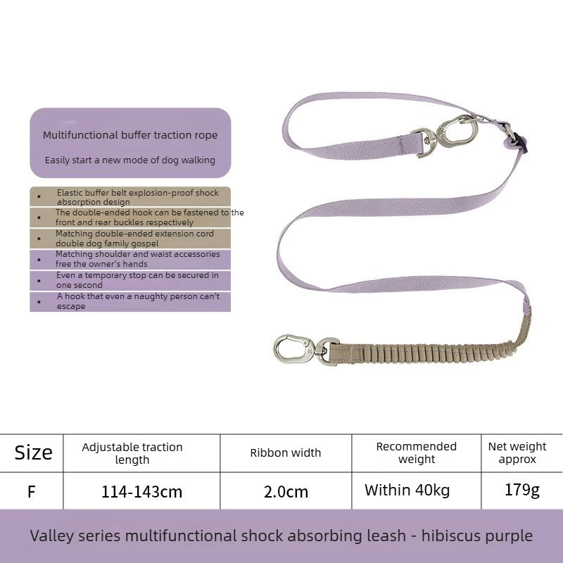 Multi-Functional Dog Leash Anti-Burst Shock Absorption Hands-Free Waist Shoulder Strap Adjustable 114-143cm for 40kg