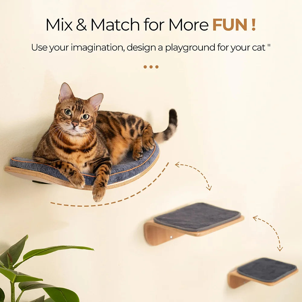 Contoured cat rack and wall mounted cat step with cushions wall mounted cat furniture for sleeping, playing, climbing