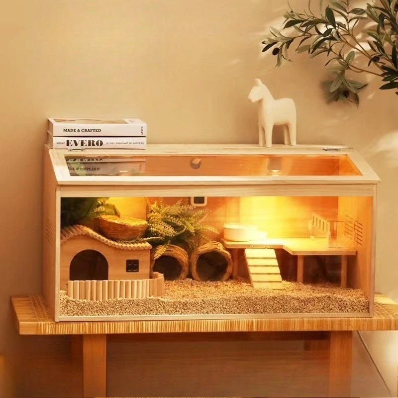 Solid Wood Quail Cage with Light Hamster Hedgehog Little Rabbit Cages Ventilate Large Space Coop Indoor Small Animals Houses