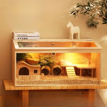 Solid Wood Quail Cage with Light Hamster Hedgehog Little Rabbit Cages Ventilate Large Space Coop Indoor Small Animals Houses