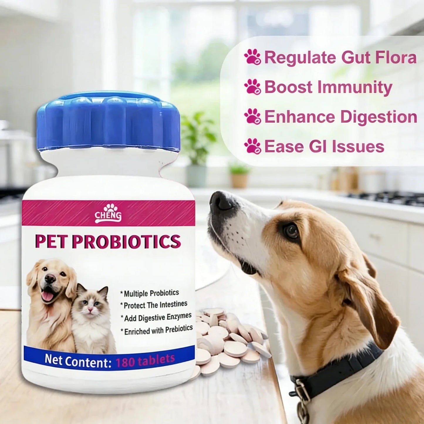 180 Chewable Probiotic Tablets for Dogs & Cats, Pet Health Nutrition Supplement for Gut Flora Balance & Strong Immunity Support