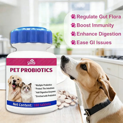 180 Chewable Probiotic Tablets for Dogs & Cats, Pet Health Nutrition Supplement for Gut Flora Balance & Strong Immunity Support