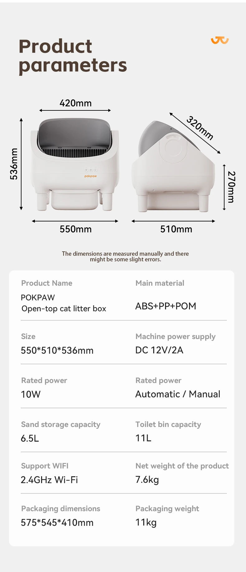 Pokpaw CL16 Smart Cat Litter Box with App Control 76L Self-cleaning Automatic Semi Enclosed Cat Litter Box Cat Toilet Supplies