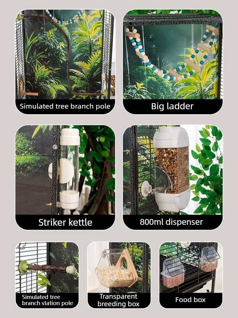 Metal Bird Cage Large Wheeled Transparent Cabinet-type Parrot Cage Interior Budgerigar Cockatiel Nest with Drawer Bird House