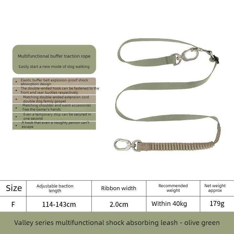 Multi-Functional Dog Leash Anti-Burst Shock Absorption Hands-Free Waist Shoulder Strap Adjustable 114-143cm for 40kg