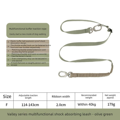 Multi-Functional Dog Leash Anti-Burst Shock Absorption Hands-Free Waist Shoulder Strap Adjustable 114-143cm for 40kg