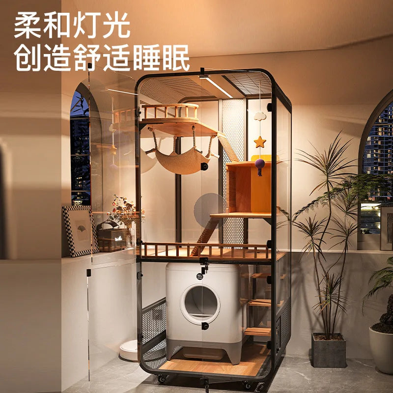 Cat villa solid wood panoramic glass luxury large space cabinet cage can put smart toilet three-story nest house for home use