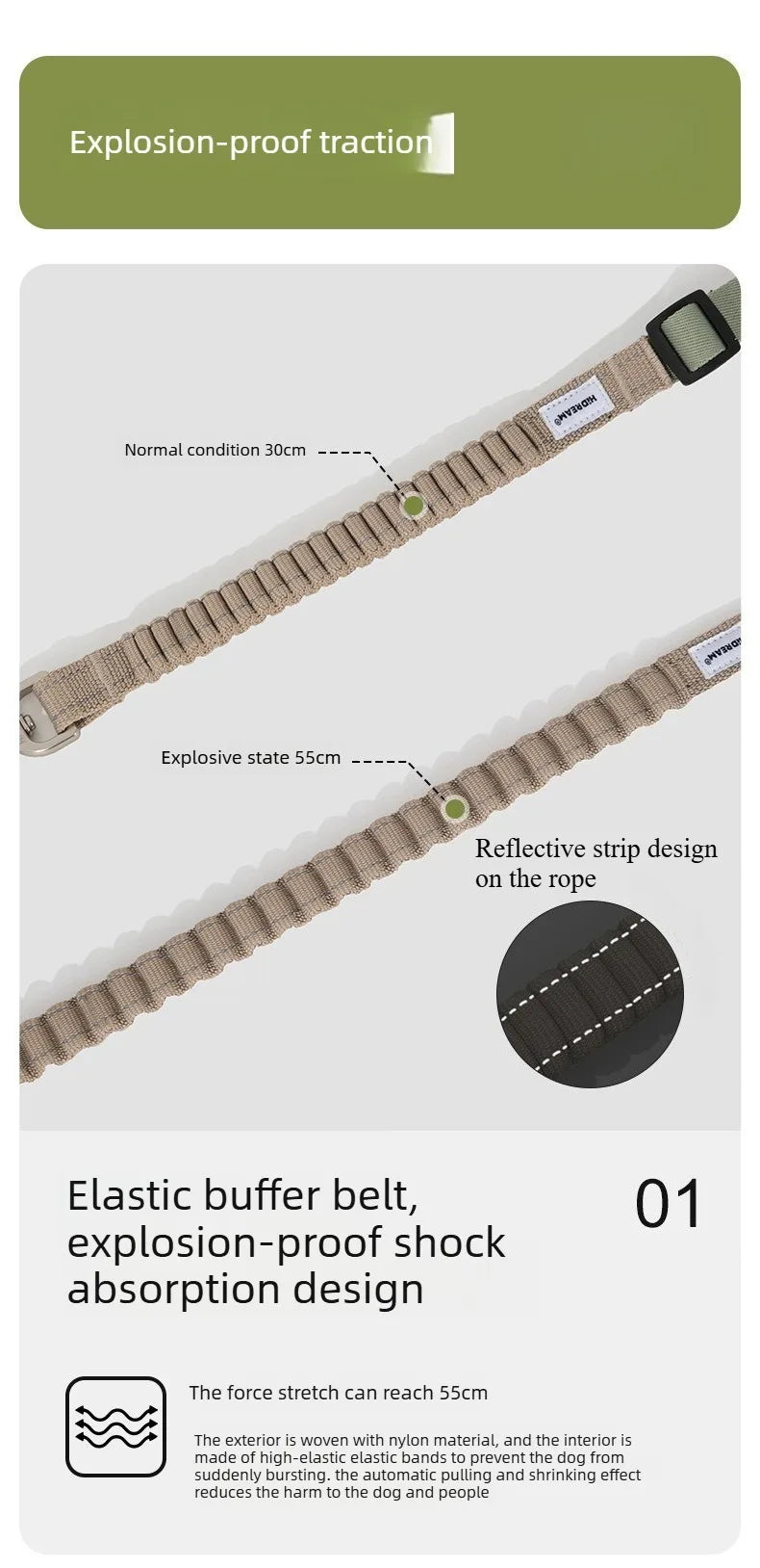 Multi-Functional Dog Leash Anti-Burst Shock Absorption Hands-Free Waist Shoulder Strap Adjustable 114-143cm for 40kg