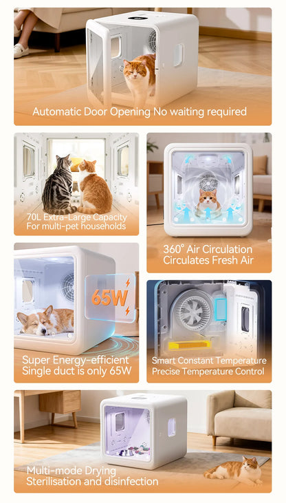 ROJECO 70L Smart Pet Dryer Box Automatic Temperature Control 360° Drying Ultra Quiet Pet Hair Grooming For Dog Cat Dryer 4 Speed