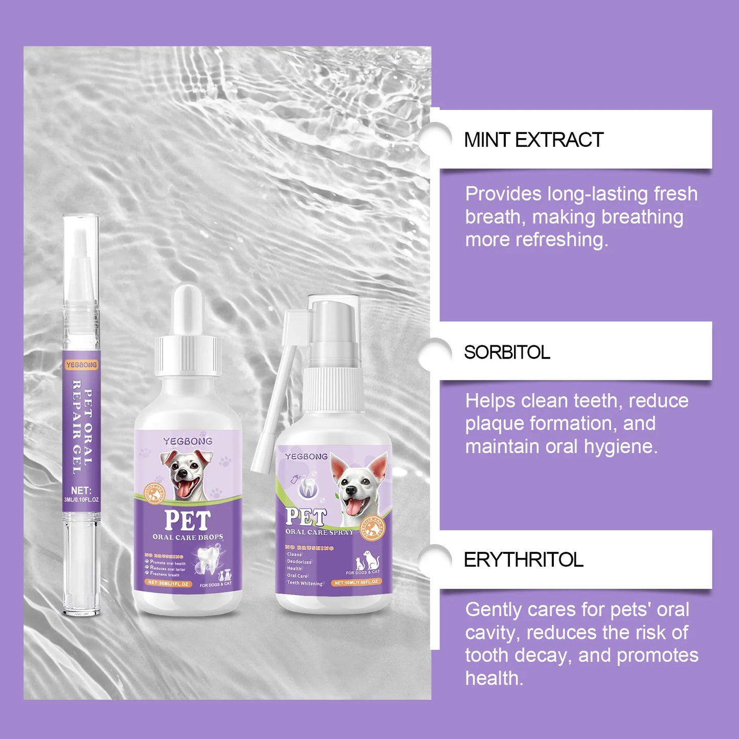 YEGBONG Pet Oral Care Drops Dog Cat Fresh Breath Tartar Remover Mild Formula Food Supplement Easy Use Home Pet Oral Hygiene