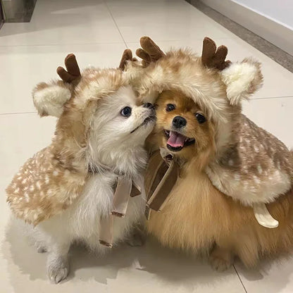 Christmas Pet Costume Dog Cat Clothes Reindeer Cape Hooded Outfit Warm Soft Festive Holiday Party Dress Up Accessories Small Pet